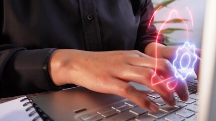 Control and customize notifications. Macro shot of a businesswoman working from her desk with a virtual icon of a notification bell and gear.