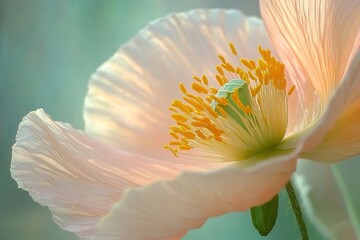 A macro shot of a single California Poppy, showing the soft texture of its delicate petals and pollen-covered stamen, with a soft background.California Poppy,wild poppy,orange flower.