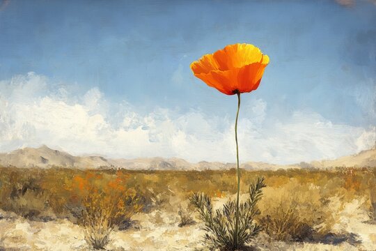 A digital painting of a California Poppy standing tall in a desert landscape, with vivid orange petals contrasted against the dry, dusty earth.California Poppy,orange flower,wild poppy.