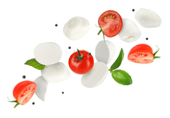 Mozzarella, tomatoes and basil leaves flying against white background