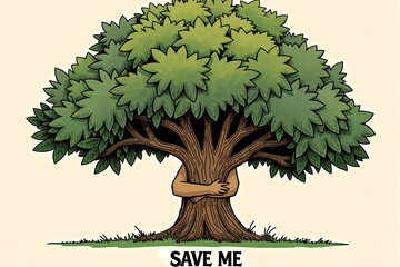 Cartoon tree with human arms hugging its trunk, lush green leaves, "Save Me" text below, environmental conservation message, eco-friendly illustration