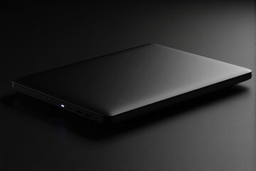 Sleek black laptop closed on dark surface, subtle reflection, minimalist product shot, high-tech device, professional or modern lifestyle