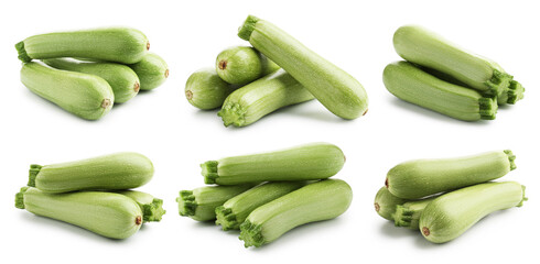 Fresh ripe zucchini isolated on white, collage