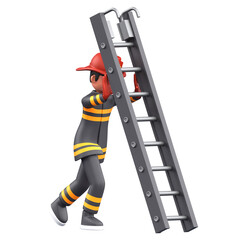 3D Render 3D firefighter character climbing a ladder, ideal for safety campaigns, emergency services, and marketing visuals.