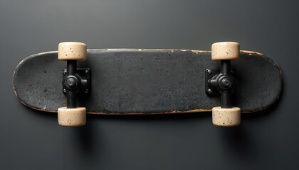 Realistic skateboard mockup isolated on dark background. Black deck with worn grip tape, black trucks, light tan wheels. Perfect for action sports displays, urban lifestyle, or vintage skate themes.