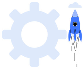 Blue rocket taking off beside a large gear with a cloud above. Ideal for tech processes, innovation, business growth, startup success, engineering, strategy, and futuristic concepts. A simple flat