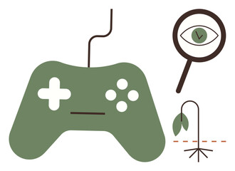 Green gaming controller, brown magnifying glass with an eye, wilting plant with dotted cutline. Ideal for gaming, technology, environmental analysis, sustainability, decision-making, ecology