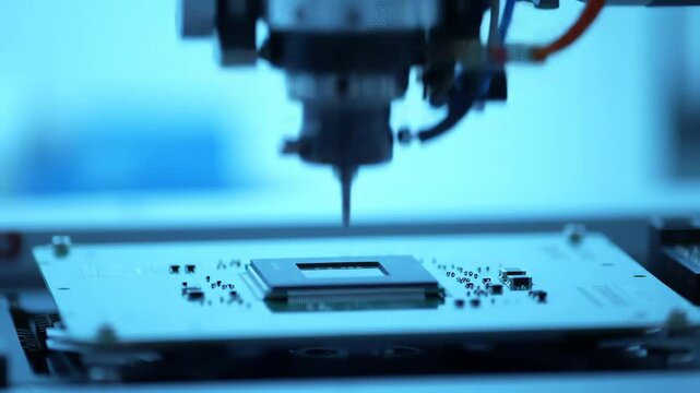 Closeup of Automated Chip Manufacturing Process in Cleanroom with Precision Equipment