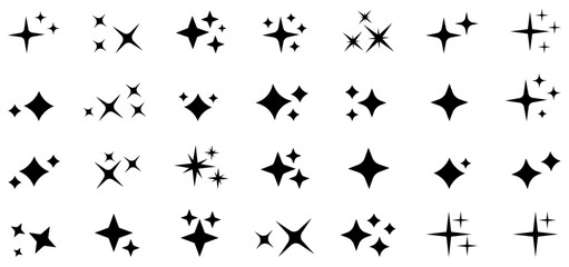 Sparkle star icons set white background. Shine symbols. Stars sparkles vector set. Sparkle vector collection set, black and white glitter. Starburst shapes icons.  Magical Sparkles Vector Set