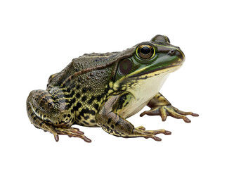 Naklejka premium A close-up of a vibrant green and brown frog against a black background, showcasing its intricate patterns and details.