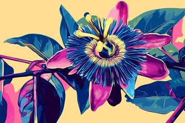 Blue Passion flower,climbing plant,tropical vine.A stylized hand-drawn illustration of a blue passion flower, with bold outlines and vibrant colors, creating a modern and vibrant visual