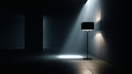 An artistic and minimalist shot of a single, modern lamp standing alone in a dark room. The light from the lamp creates a single, dramatic shadow, focusing on the interplay of light, shadow, and form.