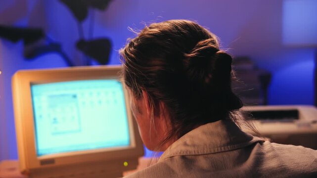 Man working and gaming on retro computer PC, IT engineer with vintage computer at home, using old fashion technology, close up of retro setup. 