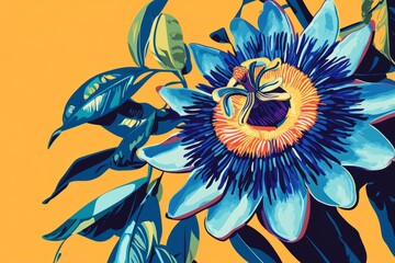 A vibrant pop-art style illustration of a blue passion flower, with exaggerated colors and bold, graphic lines.Blue Passion flower,climbing plant,tropical vine.