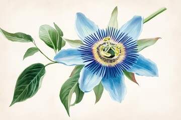 A vintage-style botanical print of a blue passionflower, with delicate watercolor strokes, soft gradients, and a natural aesthetic.Blue Passion flower,tropical vine,climbing plant.