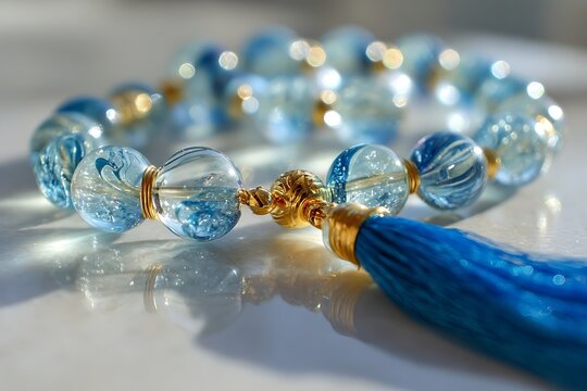 Elegant blue and gold beaded necklace with tassel, perfect for fashion, jewelry design, and luxury lifestyle projects