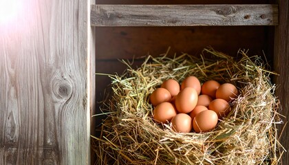 Fresh brown eggs in straw nest inside rustic wooden coop with natural sunlight