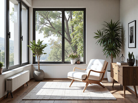 Reading nook by floor-to-ceiling window, A cozy reading spot bathed in light, designed for quiet moments.