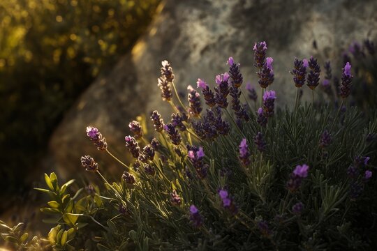 A photograph of Spanish lavender growing in a sun-drenched garden, with the flowers purple hues glowing in the late afternoon.Spanish Lavender,purple bloom,fragrant plant,ornamental shrub.