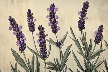 Spanish Lavender,purple bloom,fragrant plant,ornamental shrub.A botanical print of Spanish lavender, with delicate and precise details of the flowers, leaves, and stems