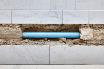 A light blue plastic pipe installed within a broken tile wall, showing construction and plumbing work, partially exposing dirt and rocks.