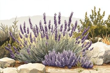 A hand-drawn illustration of Spanish lavender growing in a Mediterranean-style garden, with warm, earthy tones and soft colors .Spanish Lavender,purple bloom,fragrant plant,ornamental shrub