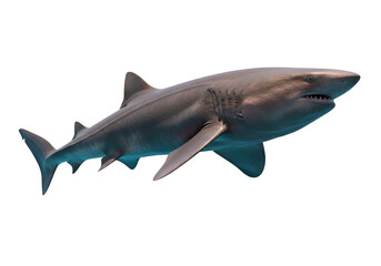 Obraz premium A powerful, gray shark swims gracefully through dark, deep ocean waters, showcasing its formidable form and sharp teeth.