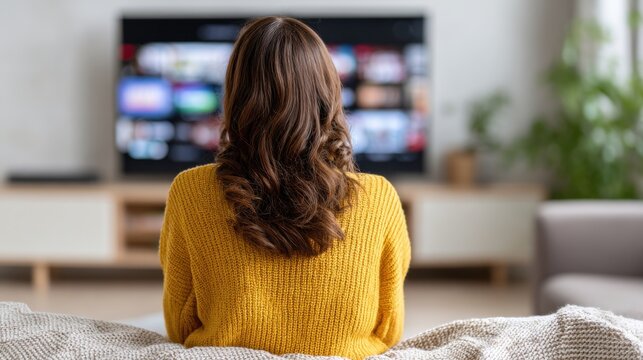 Woman in yellow sweater watching television, sitting on couch in living room, facing the tv screen, back view of a female viewer.