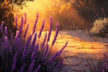 Spanish Lavender,purple bloom,fragrant plant,ornamental shrub.A digital painting of Spanish lavender in a sunset-lit garden, with long purple spikes