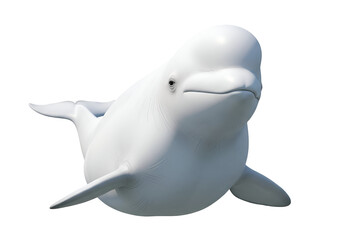 A white beluga whale, seemingly in mid-swim, is depicted against a pure black backdrop, showcasing its smooth, detailed form.