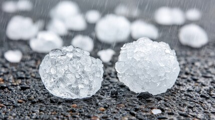 Fototapeta na wymiar Large hailstones on wet asphalt during a hailstorm, showing the icy precipitation's impact.