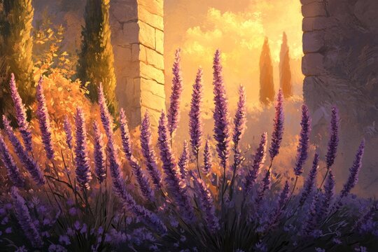 A digital painting of Spanish lavender in a sunset-lit garden, with long purple spikes.Spanish Lavender,purple bloom,fragrant plant,ornamental shrub.