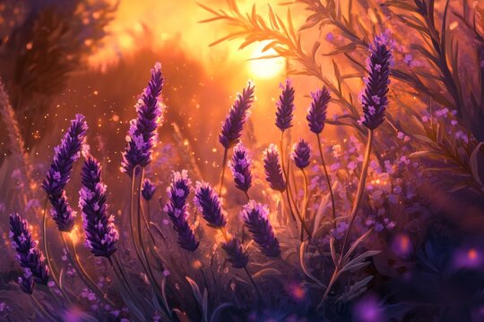 A digital painting of Spanish lavender in a sunset-lit garden, with long purple spikes.Spanish Lavender,ornamental shrub,purple bloom,fragrant plant.