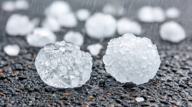 Large hailstones on wet asphalt during a hailstorm, showing the icy precipitation's impact.