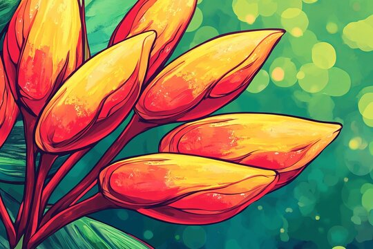 A close-up shot of the vibrant red and yellow blooms of Heliconia psittacorum, showcasing the intricate shapes.Heliconia psittacorum,parrot heliconia,lobster claw,tropical flower.