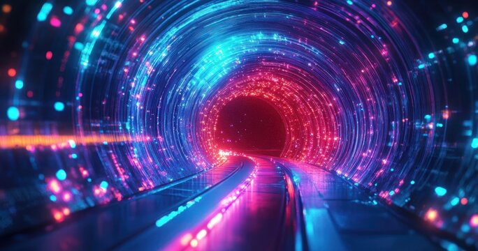 Futuristic glowing tunnel with vibrant neon blue and pink lights forming circular patterns around a curved pathway, creating a dynamic and immersive sci-fi atmosphere