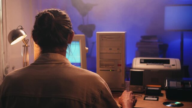 Man working and gaming on retro computer PC, IT engineer with vintage computer at home, using old fashion technology, close up of retro setup. 