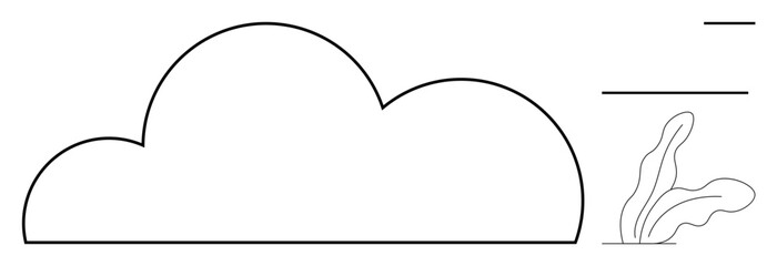Large outlined cloud shape paired with abstract plant elements and horizontal lines. Ideal for themes thumbs up cloud computing, technology, nature, minimalism, simplicity, creativity, modern