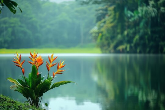Heliconia psittacorum,parrot heliconia,lobster claw,tropical flower.A photograph of a tropical landscape with a cluster of Heliconia psittacorum flowers growing