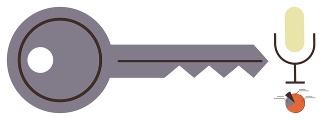 Obraz premium Large key next to a microphone and pie chart symbolizes secure access, voice recognition, and data analysis. Ideal for cybersecurity, AI, communication, data privacy, innovation, authentication
