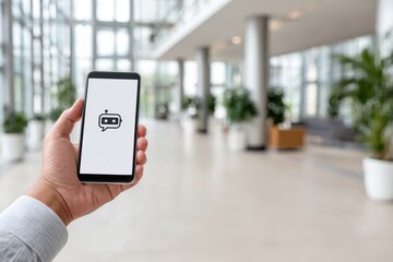 Hand holding phone displaying chatbot icon, in blurred office building lobby.