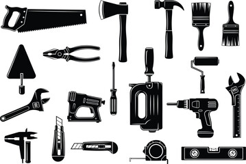 Collection of various hand and power tools for construction and diy projects isolated on white background