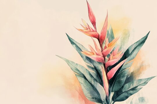 A watercolor illustration of a Heliconia psittacorum plant, showcasing the vibrant colors of its flowers.Heliconia psittacorum,parrot heliconia,lobster claw,tropical flower.