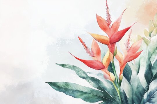 Heliconia psittacorum,lobster claw,tropical flower,parrot heliconia.A watercolor illustration of a Heliconia psittacorum plant, showcasing the vibrant colors of its flowers