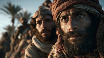 Esau and Jacob journey through the ancient desert, one rugged and bearded, the other soft and draped in fine linen.