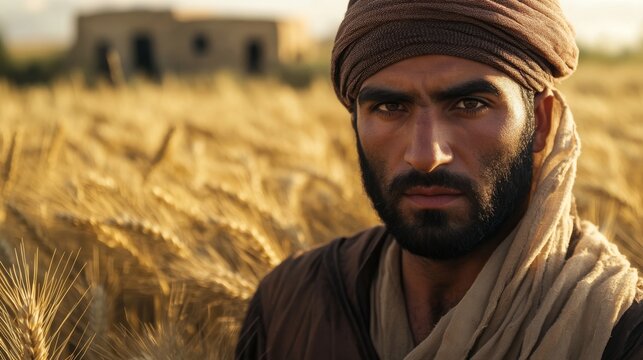 Man in traditional Middle Eastern attire from biblical times, draped fabric and timeless features in soft desert light. - Powered by Adobe