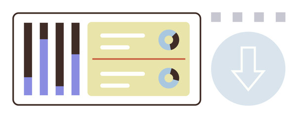 Bar graphs, pie charts, and two lined data cards accompanied by a downward arrow. Ideal for analytics, report generation, data management, information sharing, statistics visualization, business © robu_s
