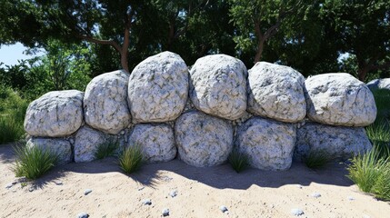 Picturesque rock wall surrounded by lush greenery creating a natural barrier in a serene landscape