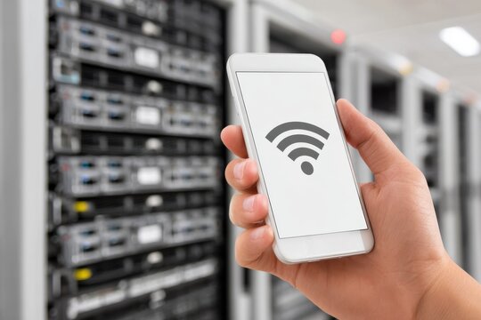Hand holding smartphone displaying wifi symbol, in server room with blurred background, suggesting network connectivity.