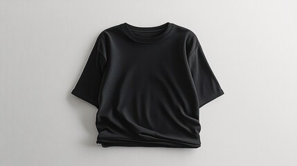 plain black short sleeve crew neck t-shirt laid flat on white surface with slight wrinkles